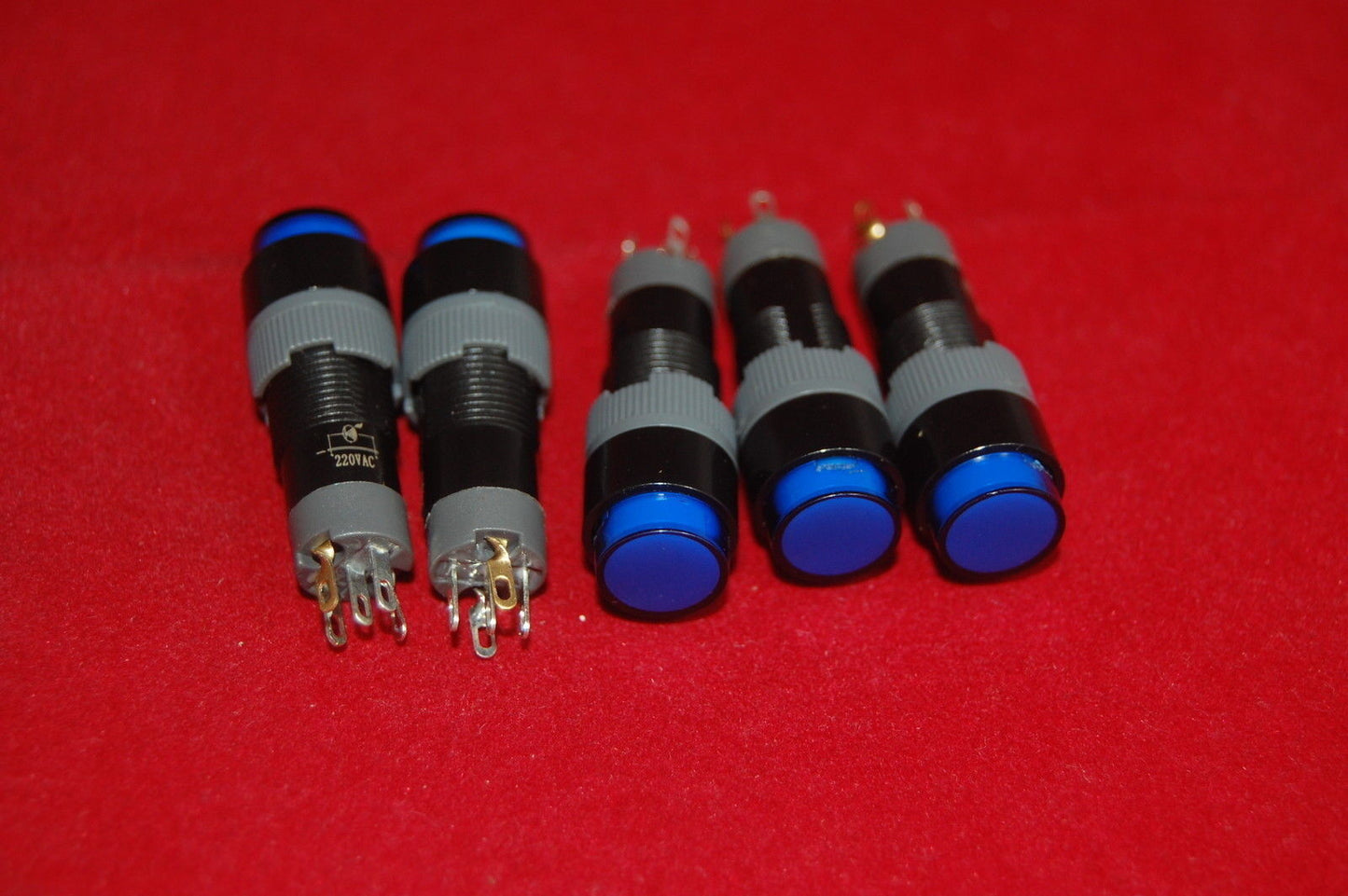 2PCS 10MM Blue ROUND Momentary PUSH BUTTON LED ILLUMINATED 220V AC 5 PINS