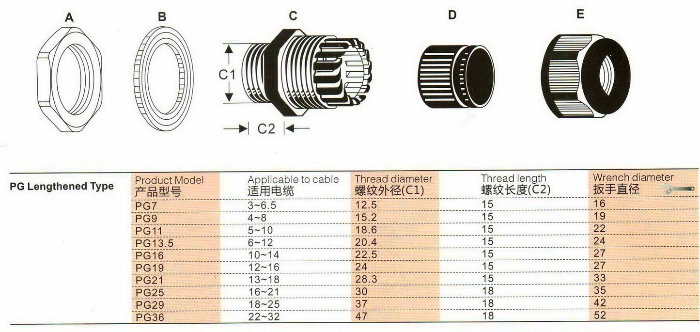 10PCS PG9 Lenghthened Cable Connector Gland FOR 4-8mm Cable BLACK NYLON 66 94V-2
