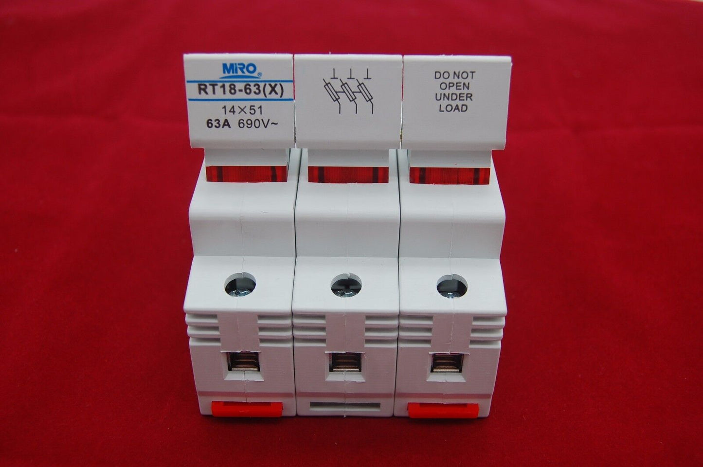 1PC 3 Pole Din Rail Mounting RT18-63 Fuse Holder for 14x51MM Fuse link