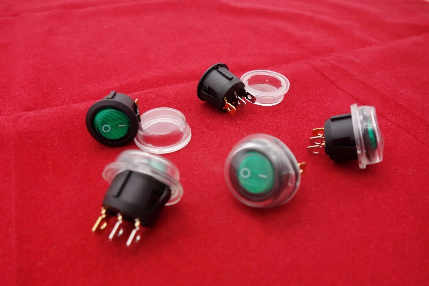 5Pcs 220V Green Illuminated Round 2 Position Rocker Switch with Waterproof Boot