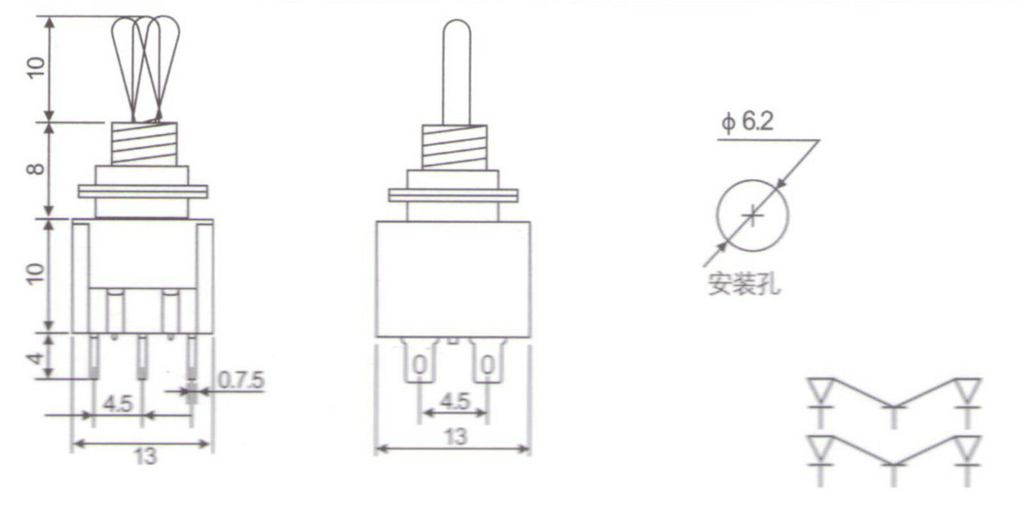 10PCS DPDT Miniature Toggle Switch ON-ON Maintained Water Proof 6 Pins