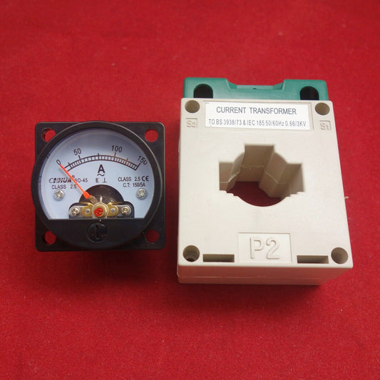 AC 0-150A Analog Ammeter Panel AMP Current Meter SO45 With 150/5A Transformer