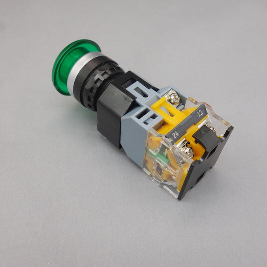 1pc 110V Green Led Illuminated mushroom pushbutton Momentary 1NO/1NC Plastic LA