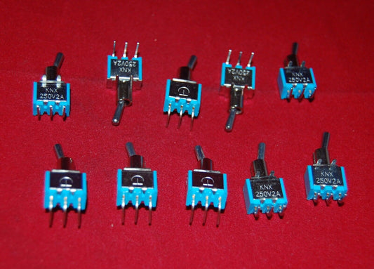 10PCS SPDT Miniature bend 3 pins Toggle Switches ON-OFF-ON Maintained 250VAC 2A