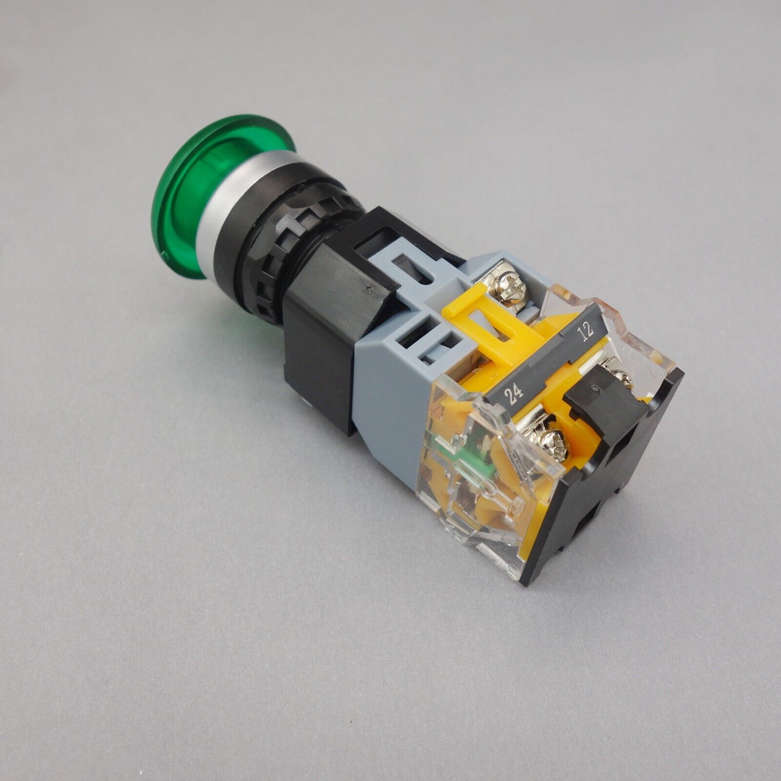 1pc 12V Green Led Illuminated mushroom pushbutton Momentary 1NO/1NC Plastic LA38